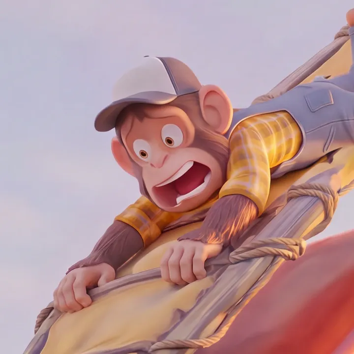 An ape in a yellow plaid shirt screaming while clinging to a glider