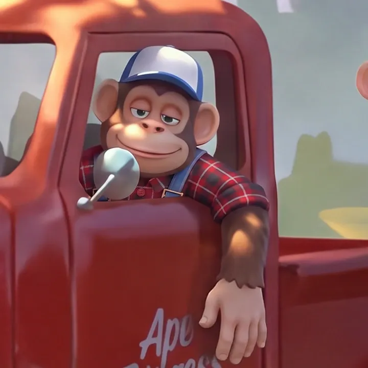 An ape in a red plaid shirt and blue cap at the wheel, arm out of the cab window
