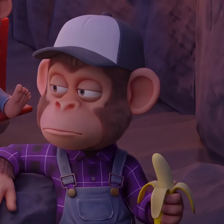 An unbothered ape in a purple plaid shirt leaning on a rock with a banana