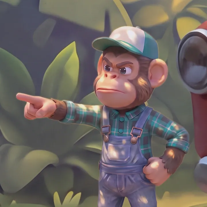 An ape in a teal plaid shirt and teal cap pointing the way