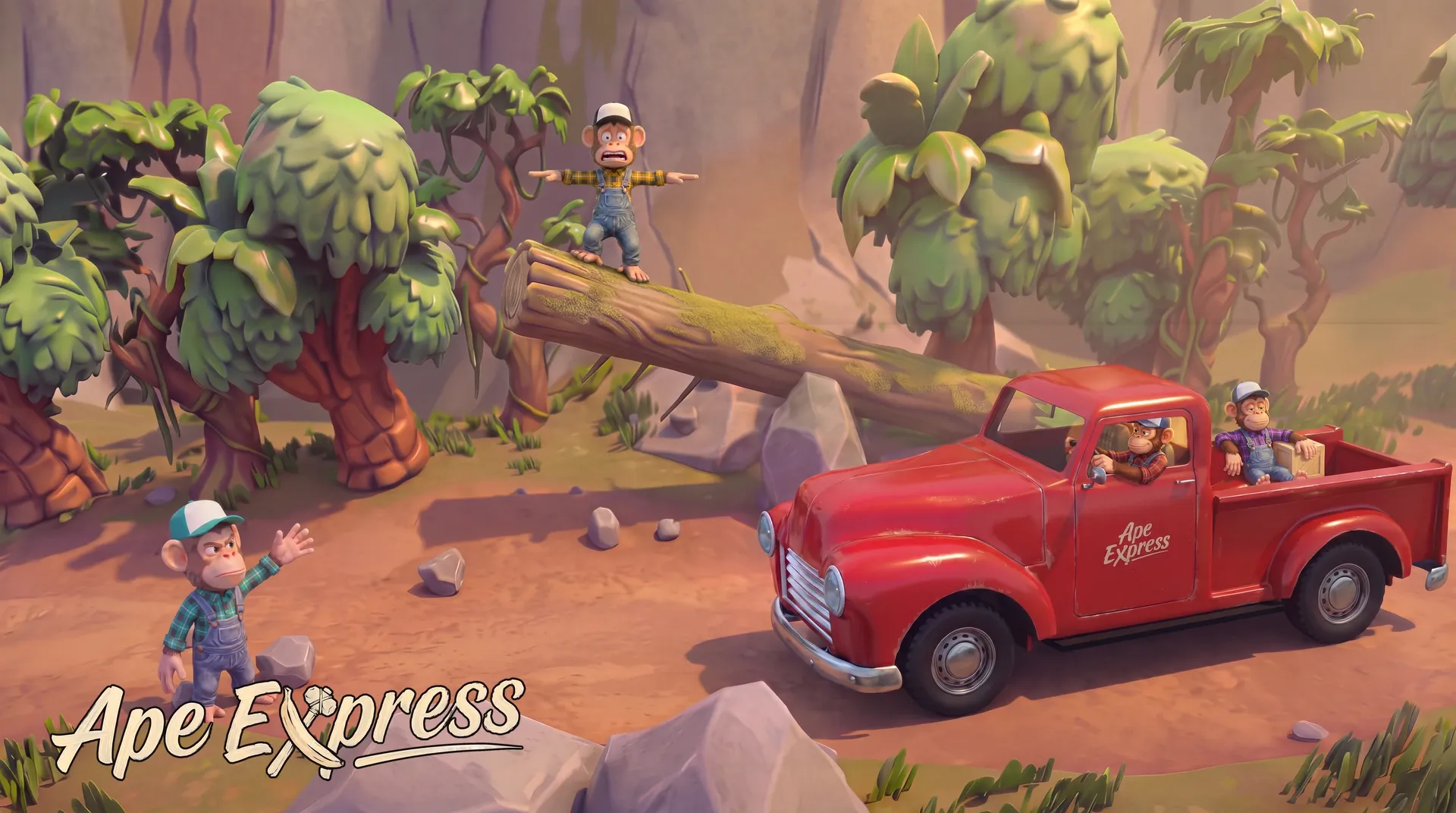 The crew's red pickup on a jungle trail, one ape waving it on past a fallen log