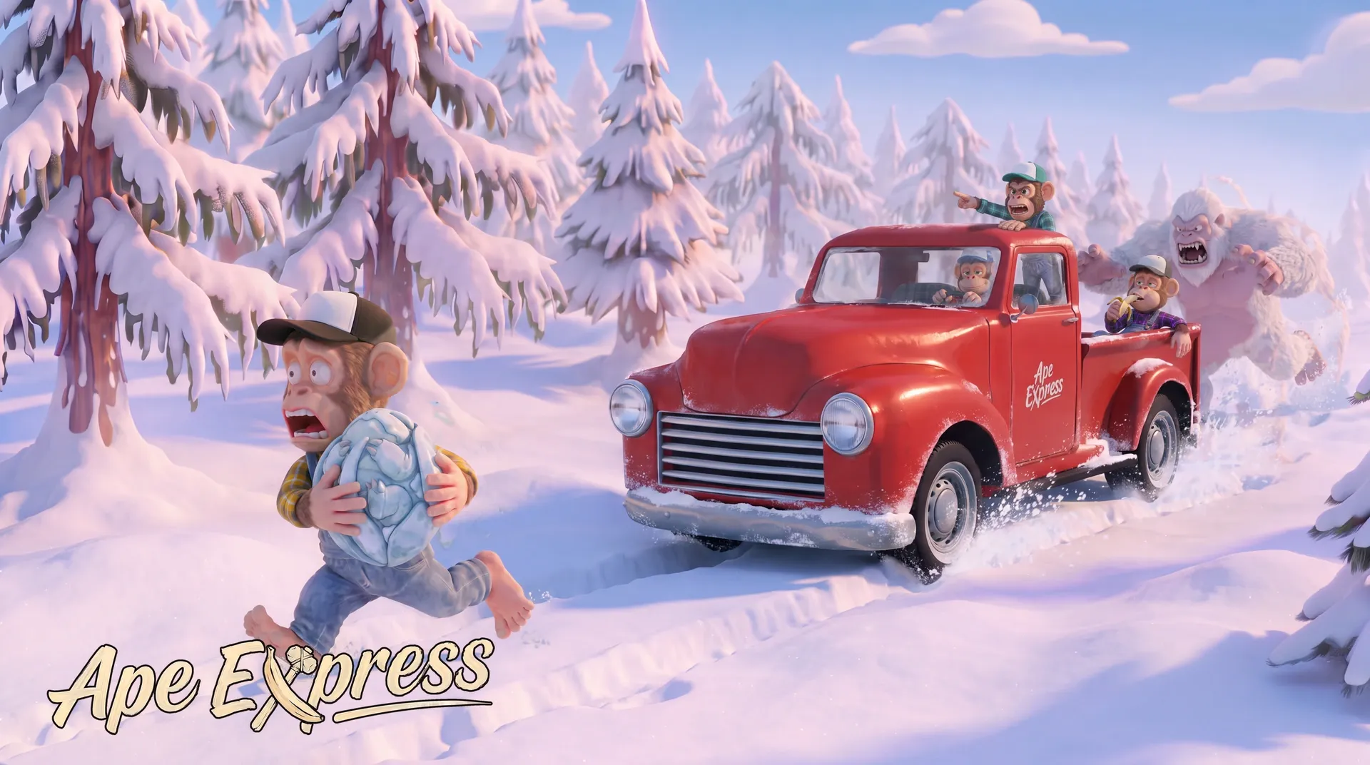 The truck ploughing through deep snow while an ape runs ahead with a snowball and a yeti follows