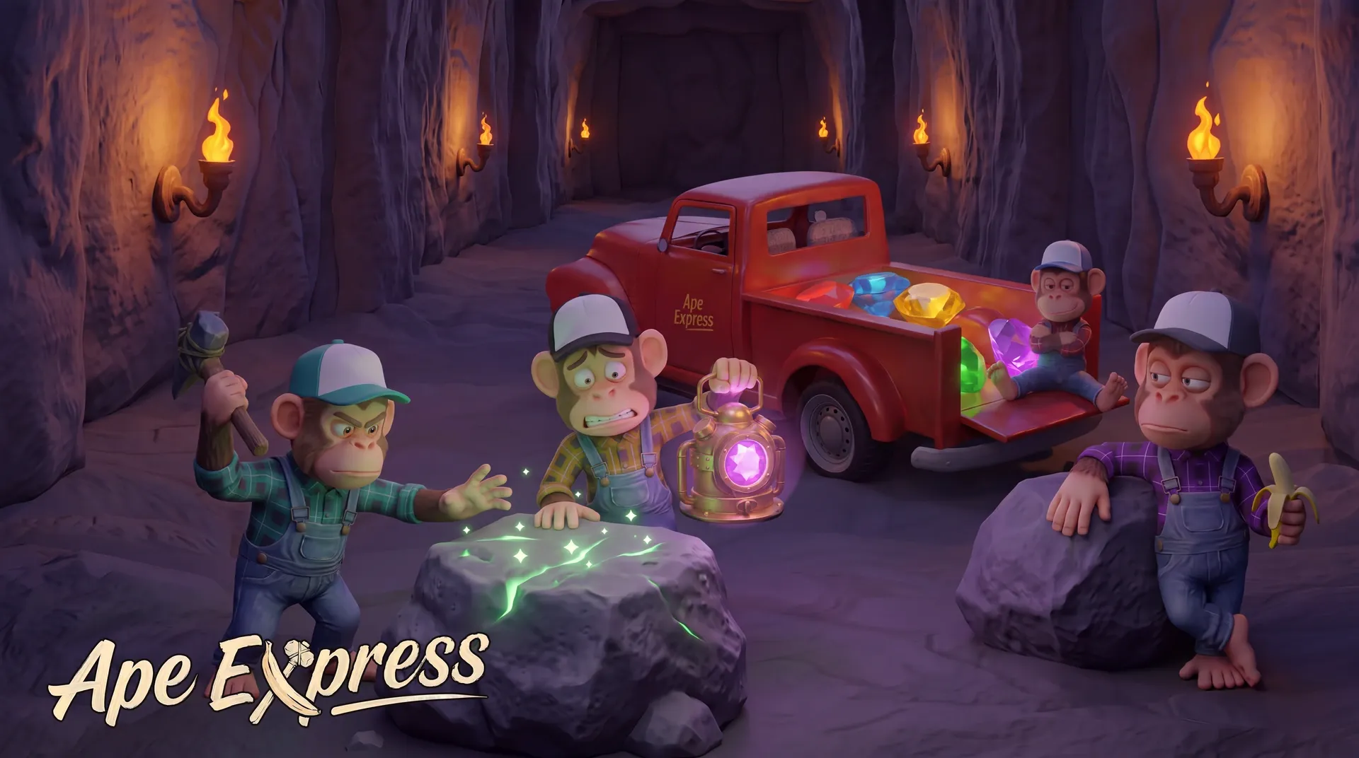 Apes in a torch-lit tunnel beside the truck, one holding a glowing lantern over a cracked rock